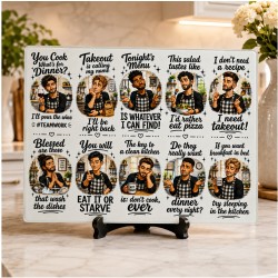 Funny Kitchen Humor Glass Cutting Board – Men’s Takeout & Dinner Quotes Design