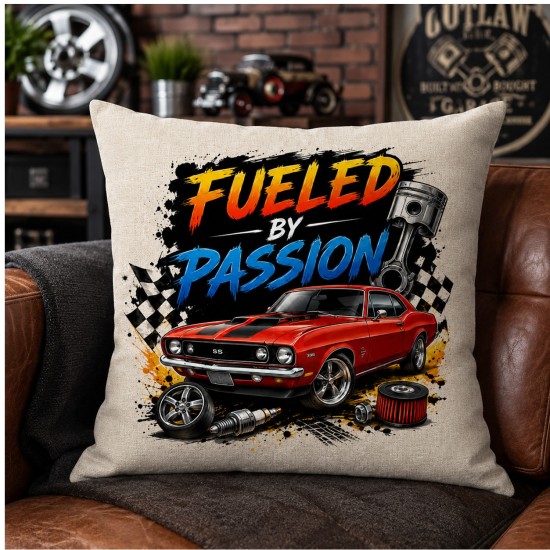 Fueled by Passion Muscle Car Linen Pillow Cover 15.75"