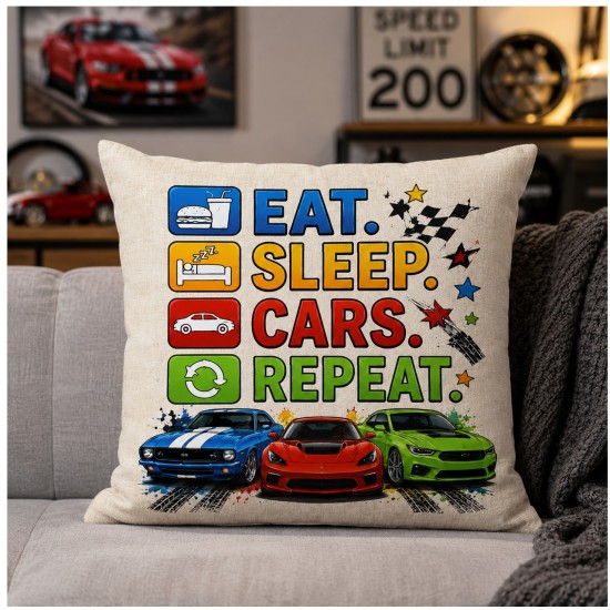 Eat Sleep Cars Repeat Linen Pillow Cover 15.75"