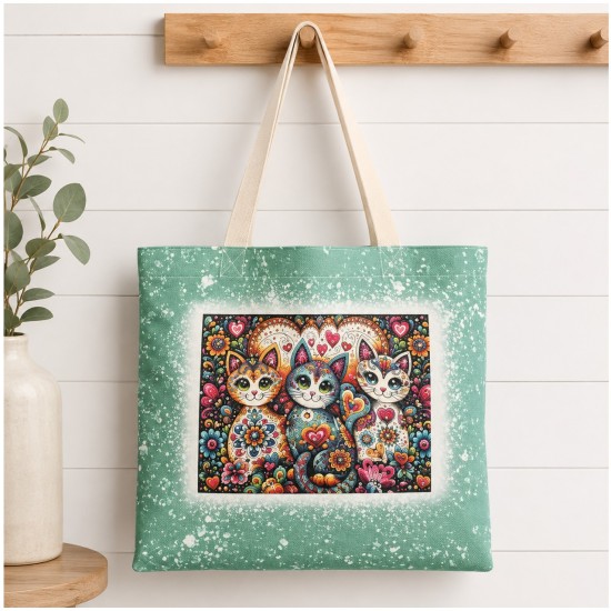 Faux Bleach Green Linen Cat Tote Bag 18" x 14"