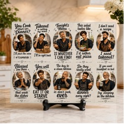 Funny Men’s Kitchen Humor Glass Cutting Board – Takeout & Dinner Quotes