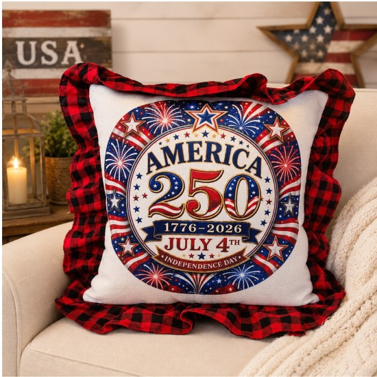 America 250 Fireworks Patriotic Ruffle Pillow