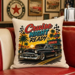 Cruise Night Ready Classic Car Linen Pillow Cover 15.75"