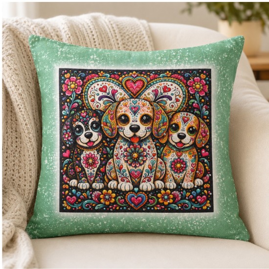Faux Bleach Green Linen Dog Rhinestone Pillow Cover 15.75"