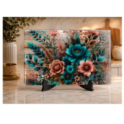 Teal and Pink Floral Rustic Wood 11x15 Glass Cutting Board