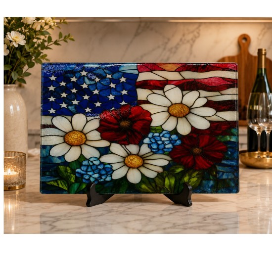 American Flag Stained Glass Flowers 11x15 Glass Cutting Board