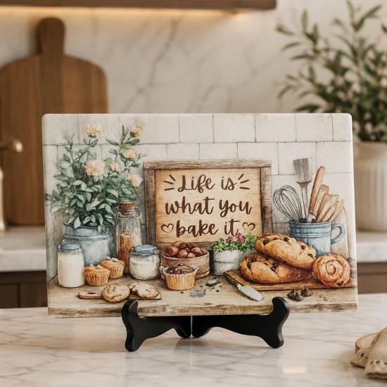 Life Is What You Bake It 11x15 Glass Cutting Board”